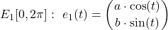 \begin{align*}E_1 [0, 2 \pi ]: \ e_1 (t) = \binom{a \cdot \cos (t) }{b \cdot \sin (t)}\end{align*}